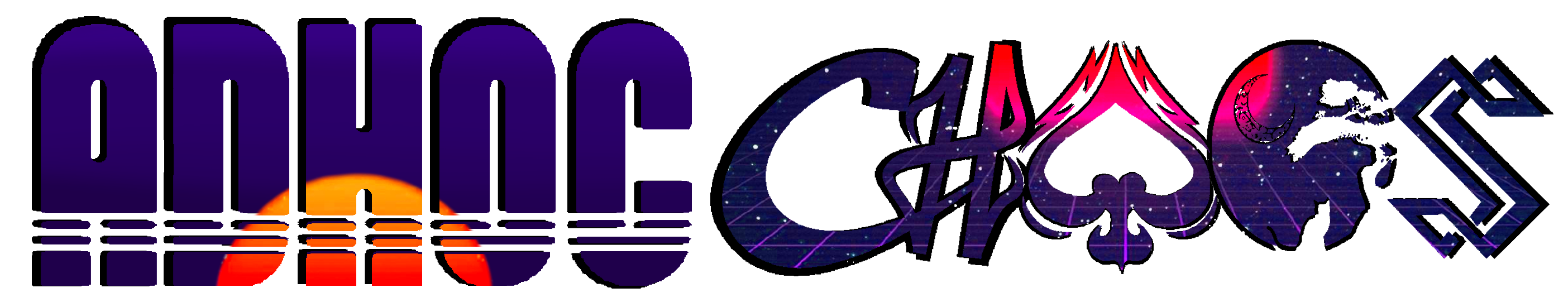 The coolest looking logo that says Adhoc Chaos with sick vaporwave aesthetics and its got purple and black and a sunset in the middle, yeah its pretty cool